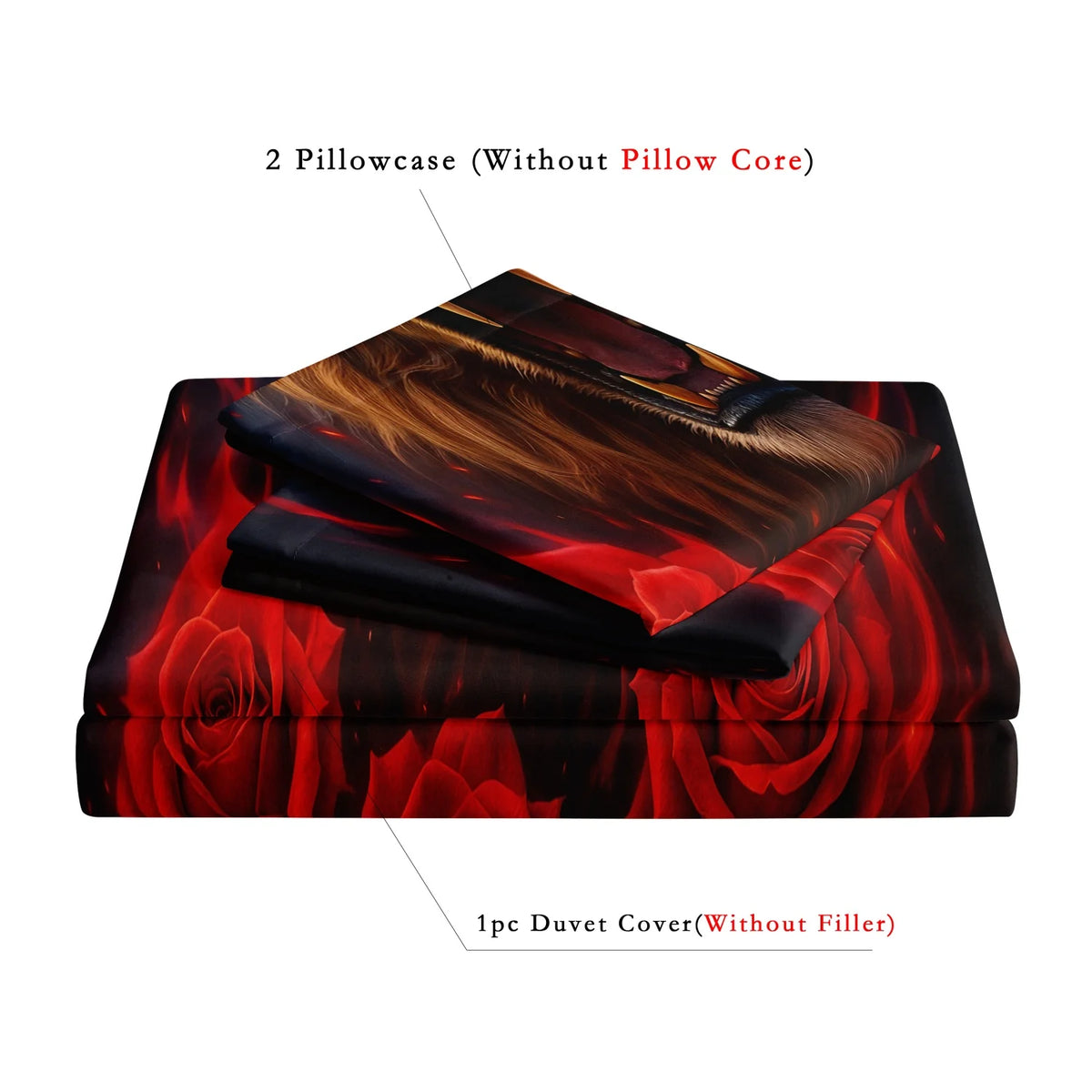 A set of two pillowcases and one duvet cover featuring a romantic wolf and rose print in shades of red and black.