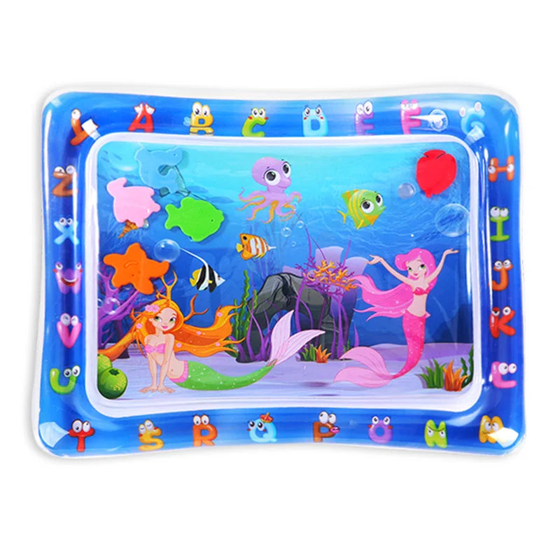 A blue inflatable baby water play mat filled with various floating toys like fish, sea creatures, and colorful shapes.