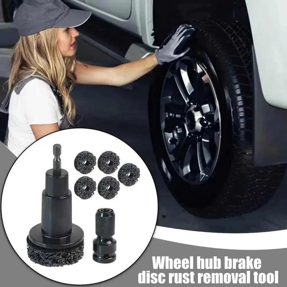A drill attachment used for wheel hub brake disc rust removal and polishing.