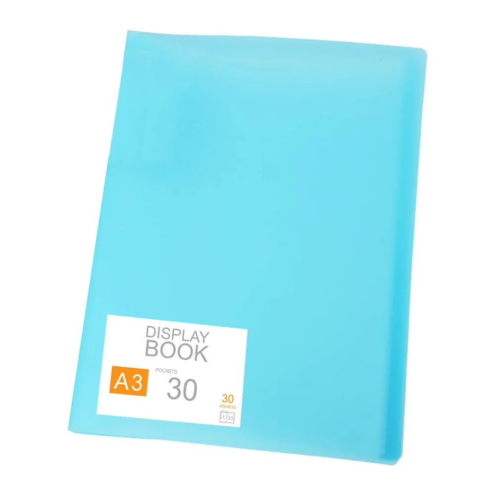 A light blue display book with 30 clear pockets for diamond painting storage.