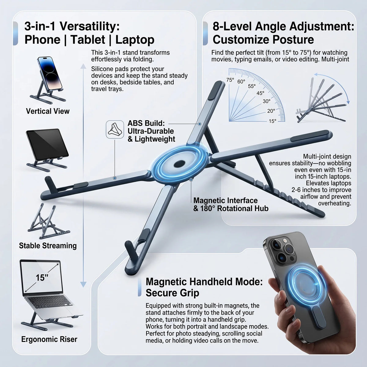 Foldable Magnetic Laptop Stand with Adjustable Height and Heat Dissipation