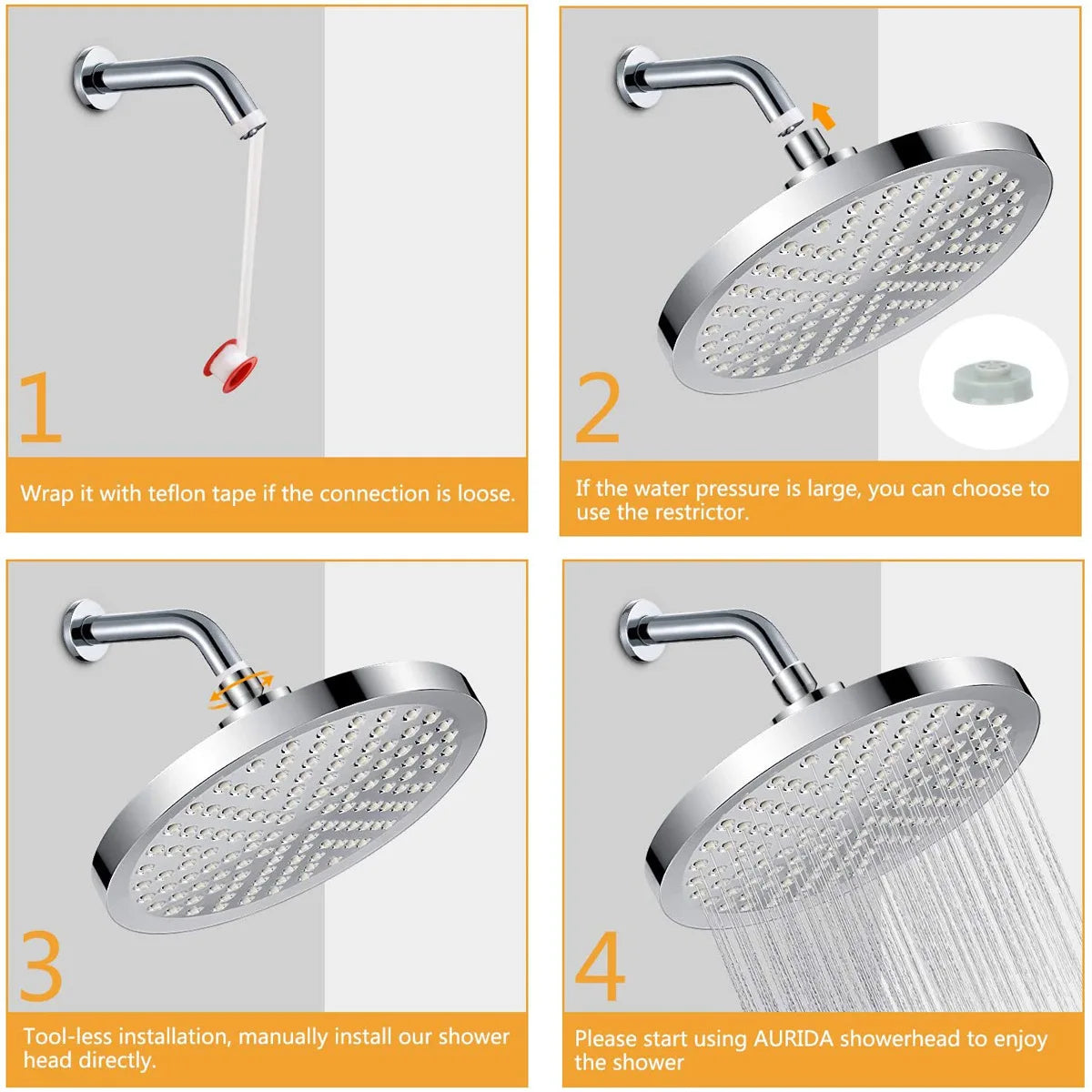 Four steps showing the installation and use of a 6-inch high-pressure rainfall shower head.