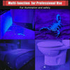 A portable UV flashlight is shown illuminating a dark surface, with a toilet visible in the background.