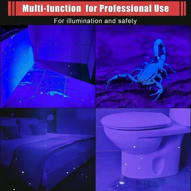 A portable UV flashlight is shown illuminating a dark surface, with a toilet visible in the background.