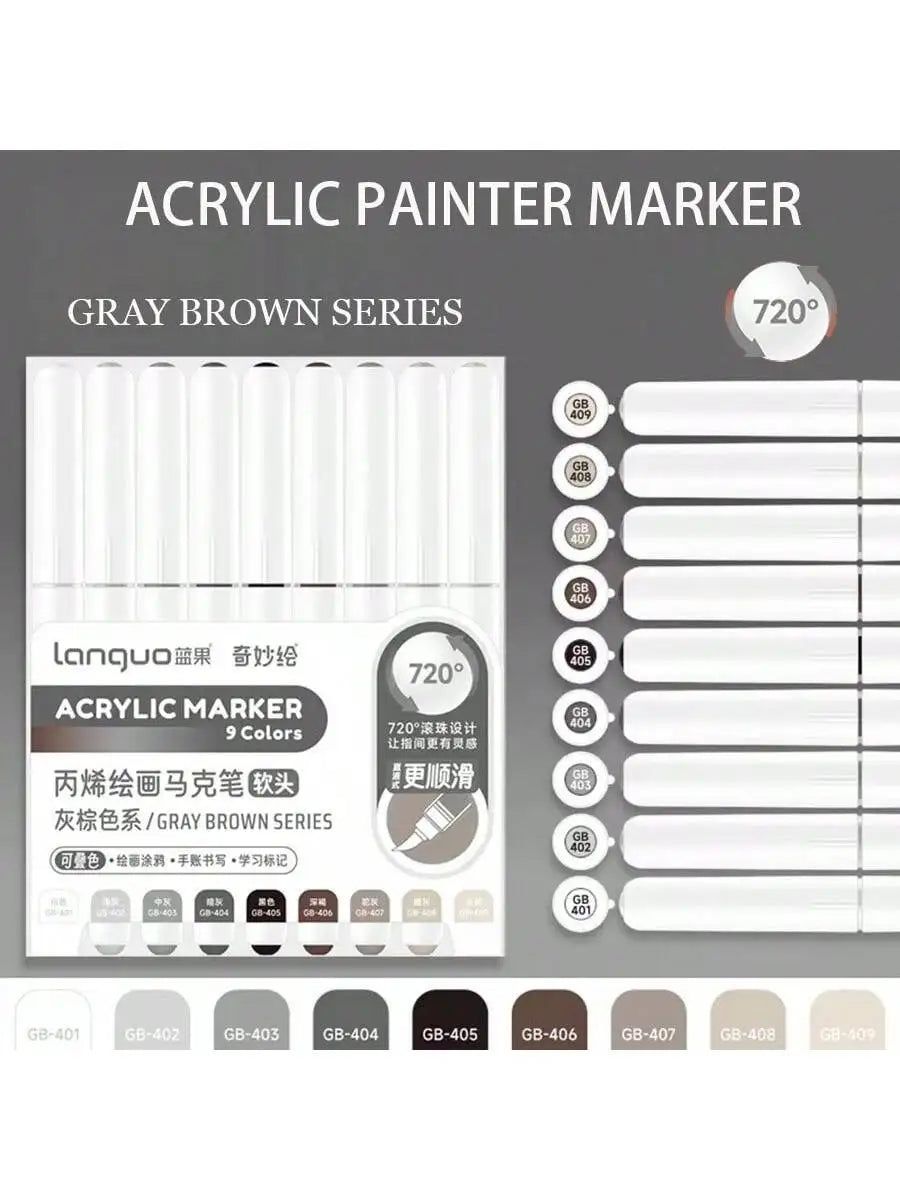 Acrylic paint marker set with 9 colors in gray brown series featuring 720 degree tips