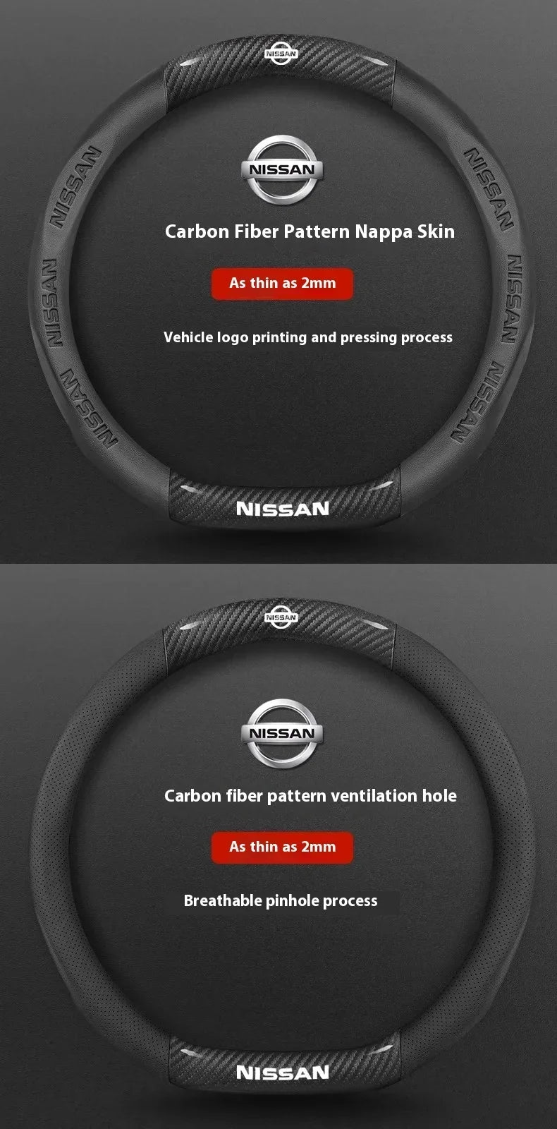 A black carbon fiber steering wheel cover with a pattern and ventilation holes for an anti-slip grip.