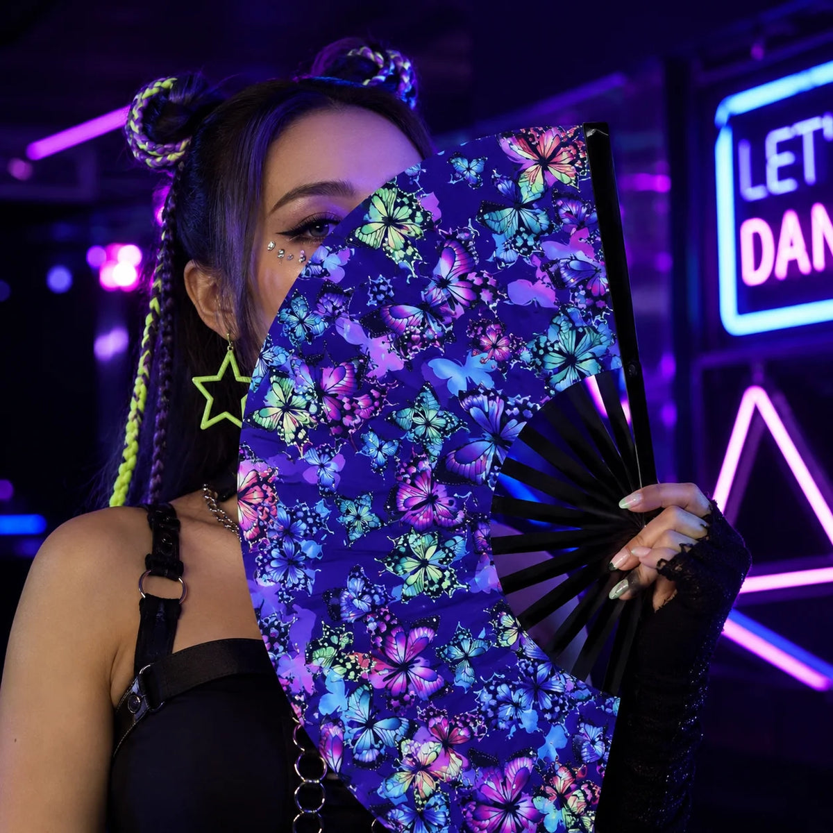 Holographic Folding Hand Fan with UV Glow Effect