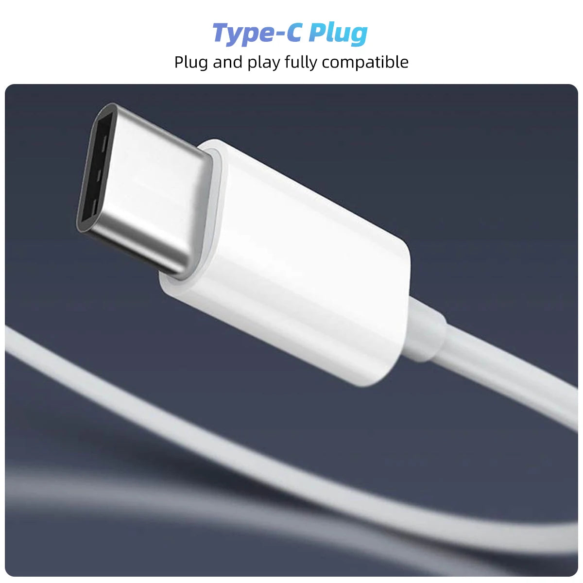 A white Type-C plug and cable for wired earphones, showing the connector tip and cable length.