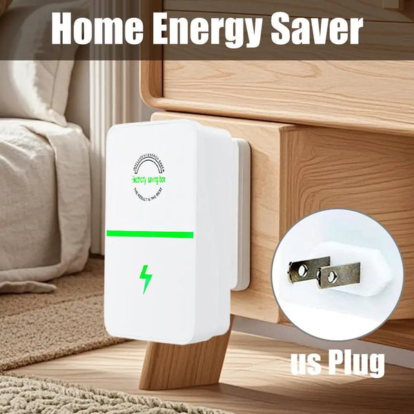 A white home energy saver plug device is shown next to a wooden cabinet and a power outlet.