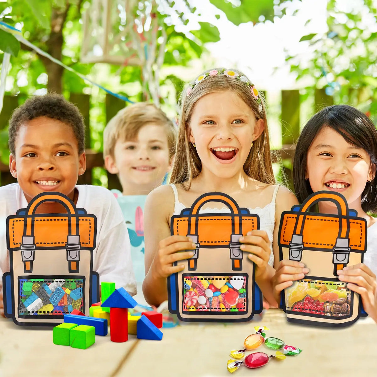 A girl holds an orange cartoon backpack goodie bag for kids party favors in a bright outdoor setting.