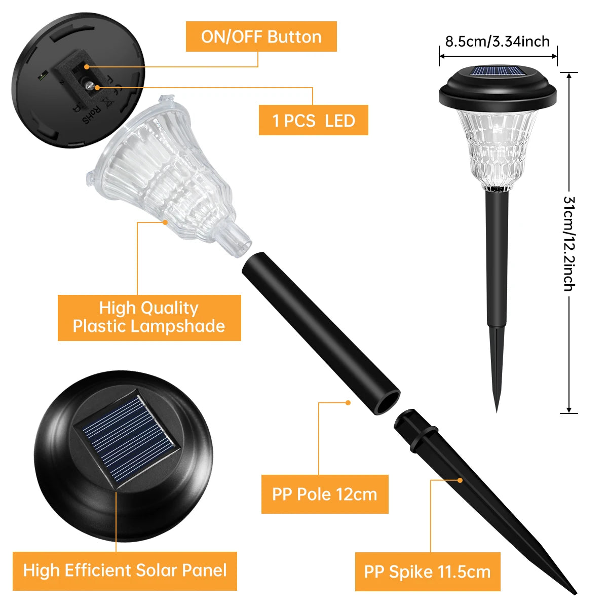 A solar-powered LED pathway light assembly showing the lamp shade, battery, and PP spike components.