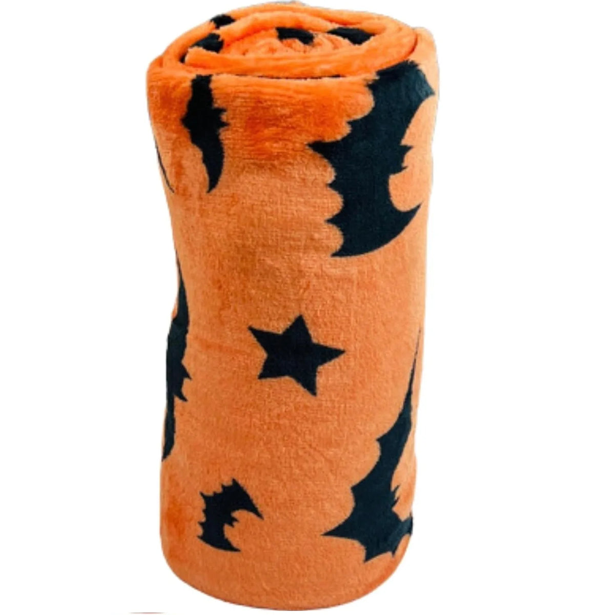 Couverture en flanelle orange avec motif chauve-souris noir.