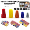 A collection of color-coded spiral crimping caps in various sizes and colors, including red, yellow, orange, and blue.
