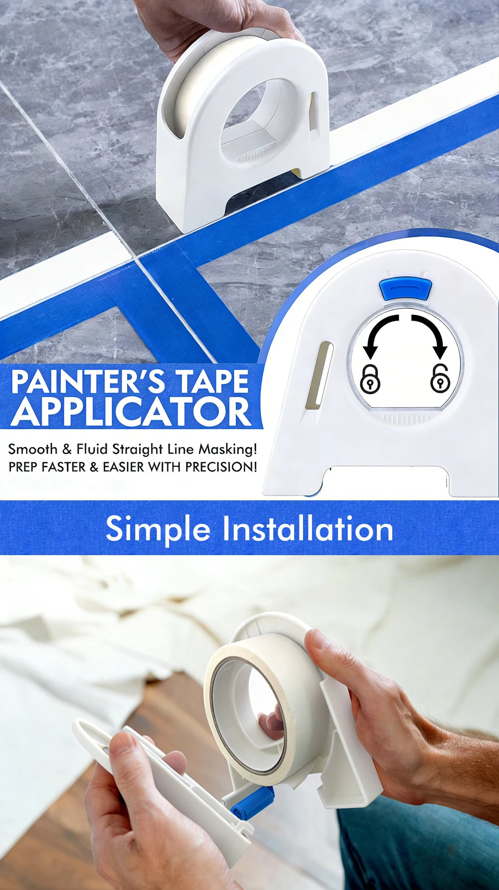 A hand is holding a white painter's tape applicator tool, demonstrating its use for straight line masking.