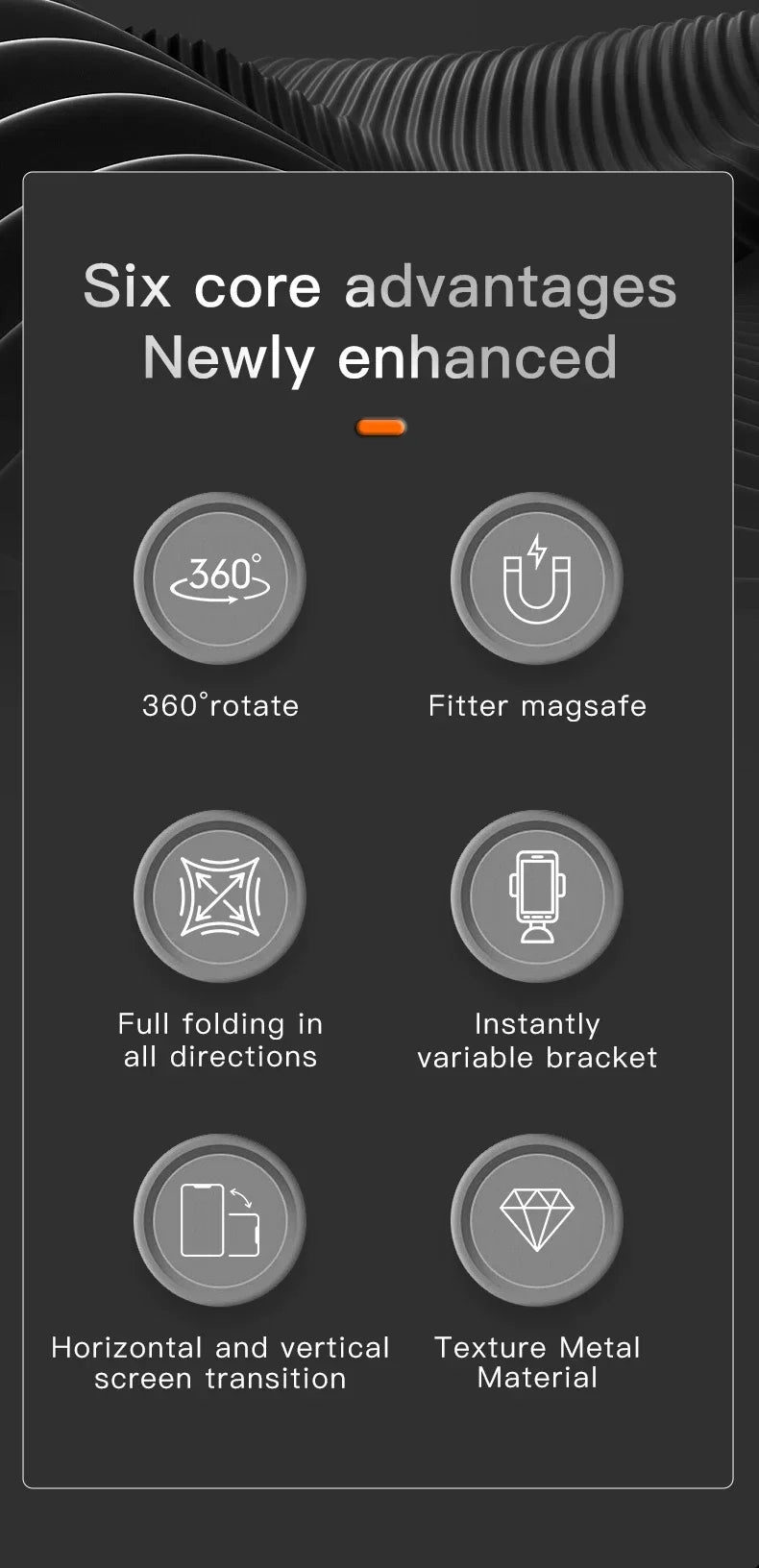 A screen showing six core advantages of a product, including 360° rotate, fitter magsafe, folding, and material features.