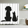 Black silhouette cartoon of a dog and a cat on a white shower curtain