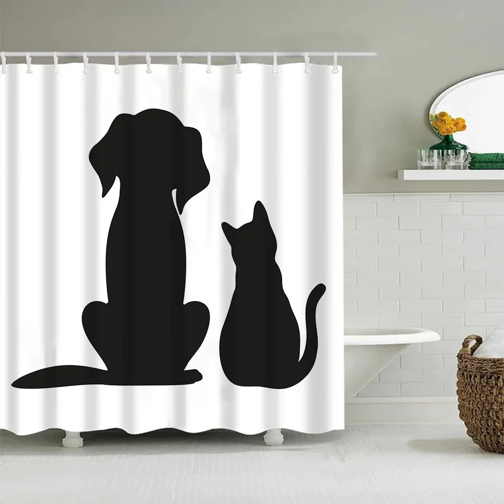 Black silhouette cartoon of a dog and a cat on a white shower curtain