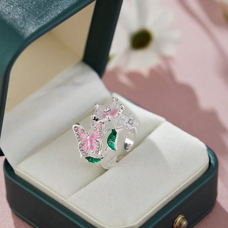 Floral Butterfly Rhinestone Ring — Romantic Adjustable Design