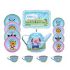 A kids pretend play tea set featuring a serving tray and multiple themed cups with animal characters.