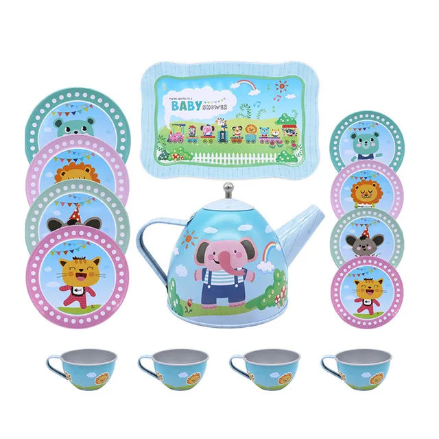 A kids pretend play tea set featuring a serving tray and multiple themed cups with animal characters.