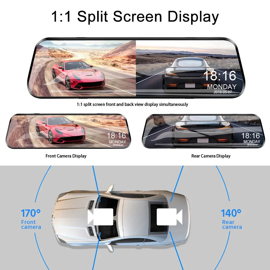 1:1 Split Screen Display showing front and back view from a car's rearview mirror camera.