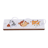 A wooden Montessori busy board featuring carved or printed figures of an elephant, monkey, and cow with white laces.