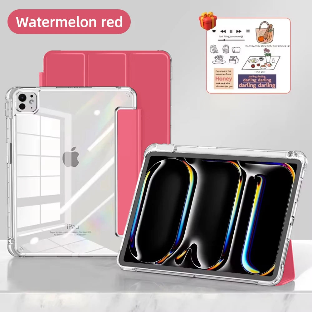A red watermelon-themed slim trifold iPad case with an acrylic back and a display showing a dark screen.