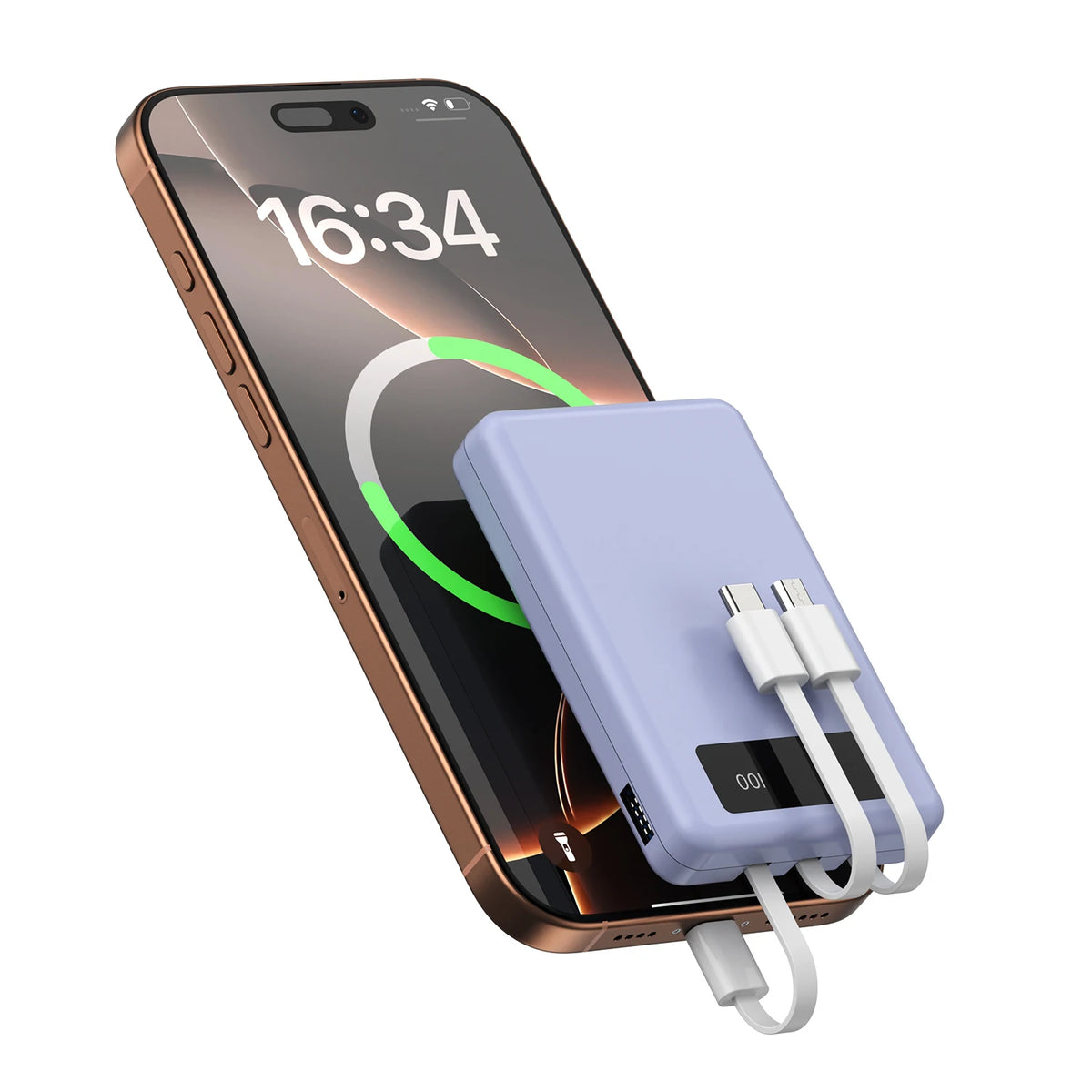 Slim 10000mAh Power Bank with Digital Display and Built-In Cables