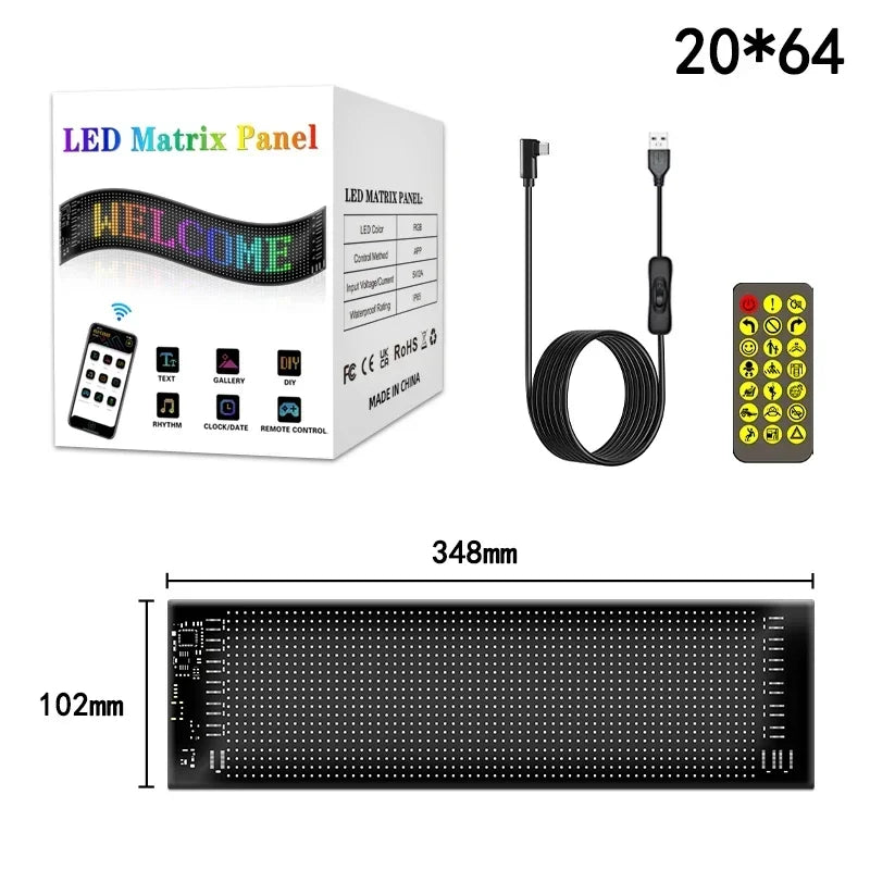 A flexible USB LED matrix panel with a welcome message and accompanying control cable and power adapter.