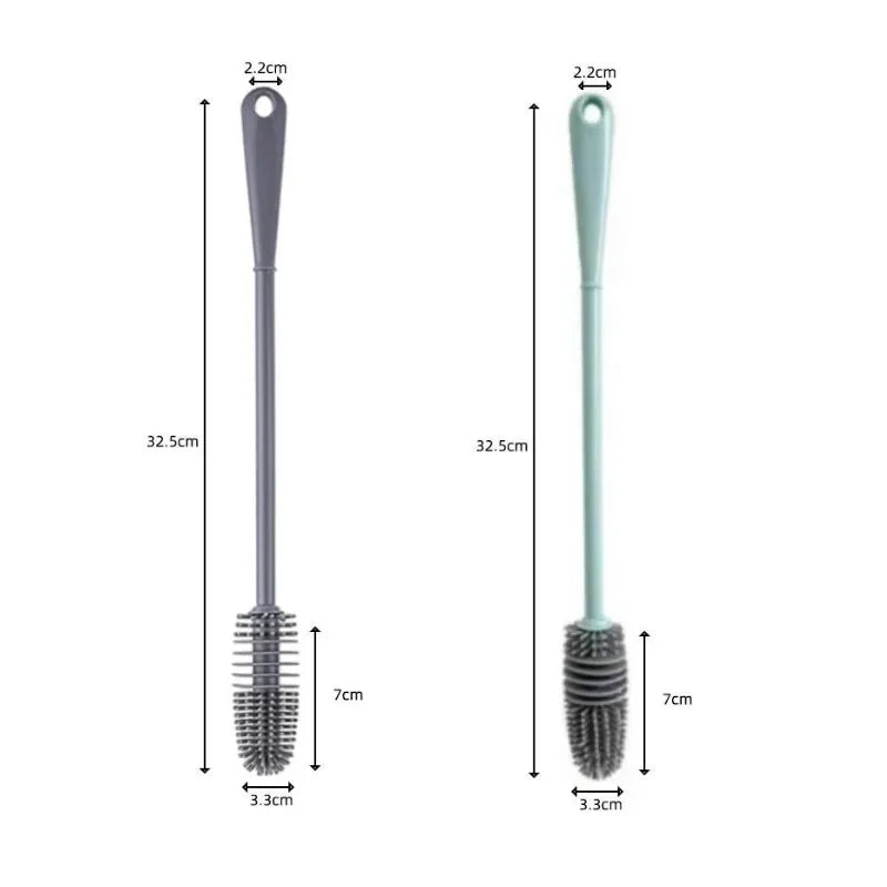 A long silicone bottle brush with a handle and bristles, shown in light green color.