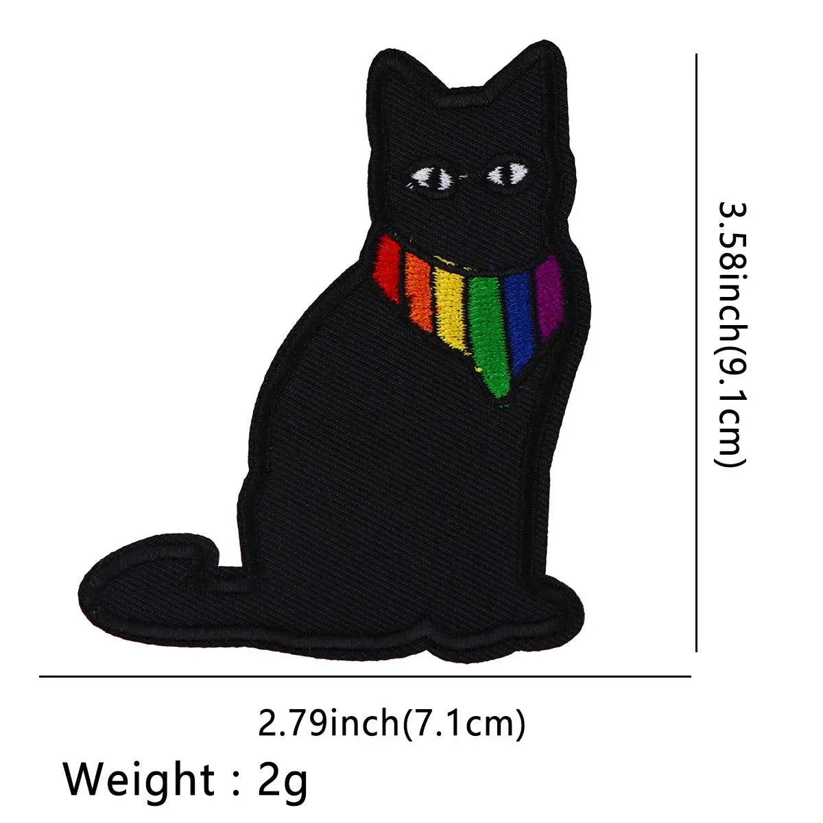 Black embroidered cat dragon iron-on patch featuring a rainbow collar and eyes