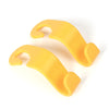 A pair of yellow universal car seat headrest hooks.