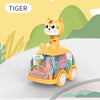 A yellow tiger-themed press and go light-up gear car toy for toddlers.