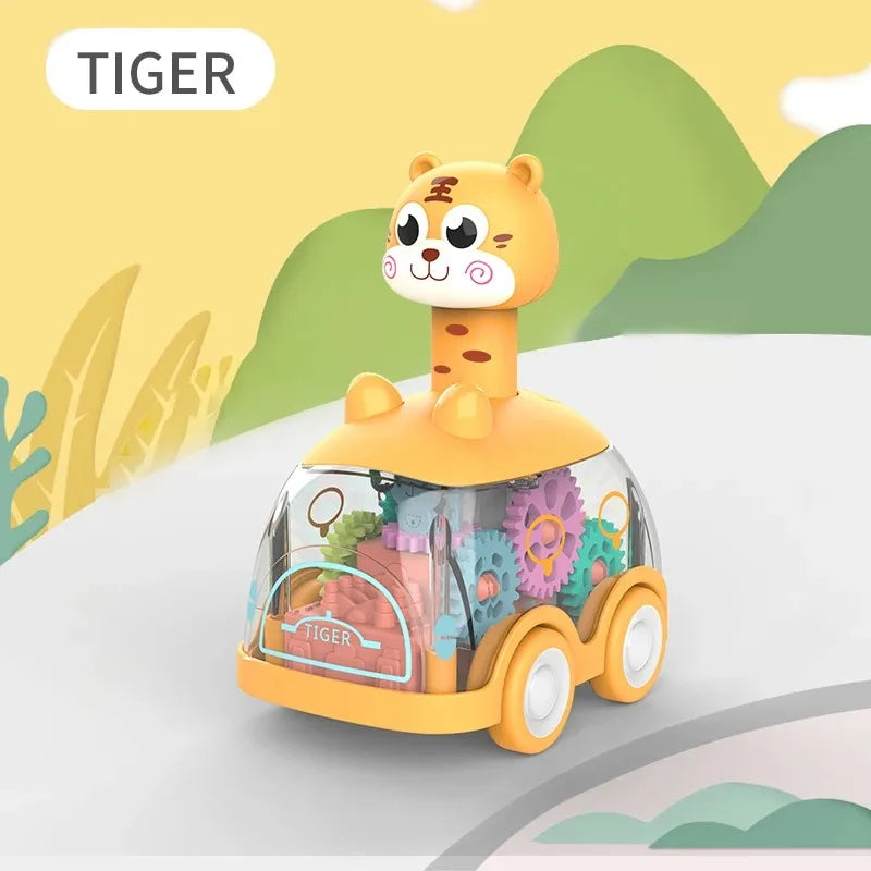A yellow tiger-themed press and go light-up gear car toy for toddlers.