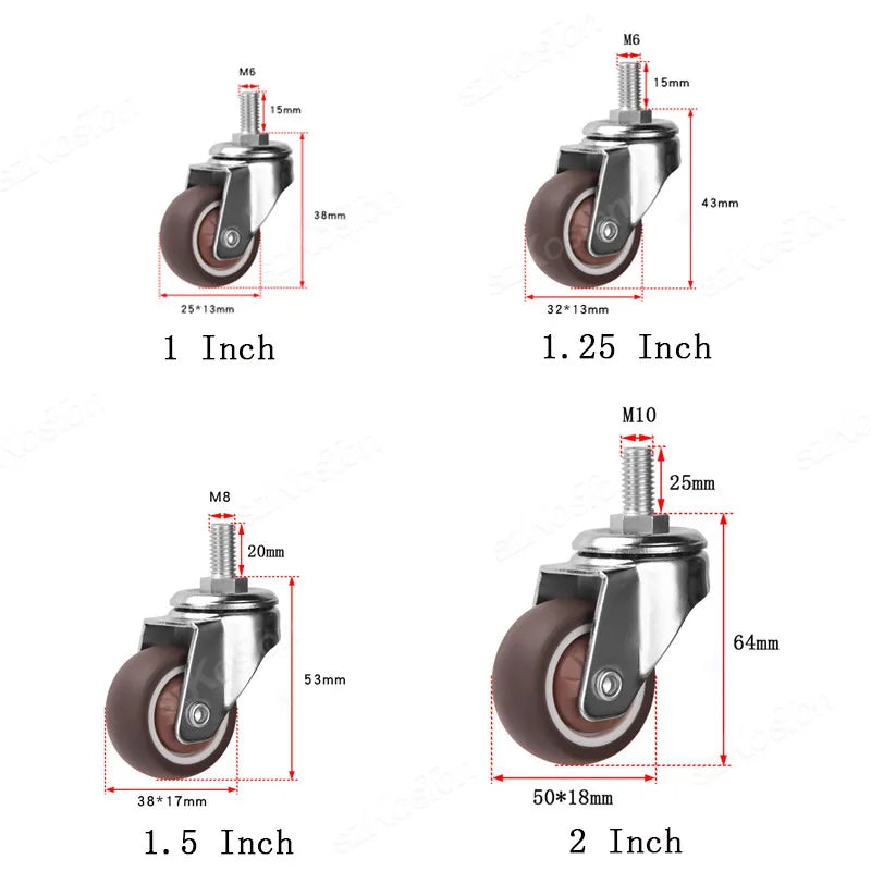Set glatter Möbelrollen in verschiedenen Größen, darunter 1, 1,25, 1,5 und 2 Zoll.