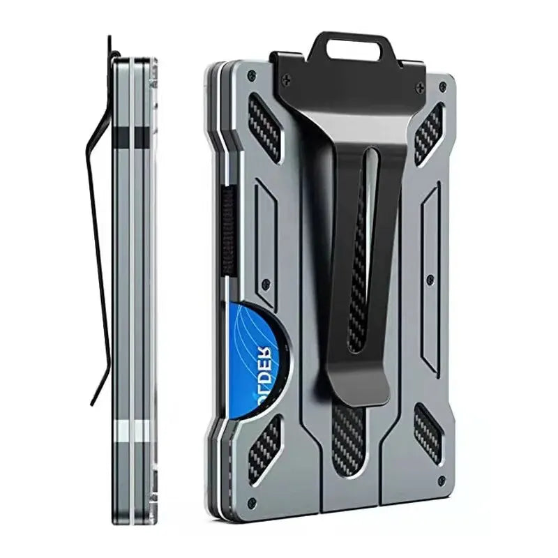 A slim aluminum money clip wallet with RFID protection shown in a vertical and horizontal view.