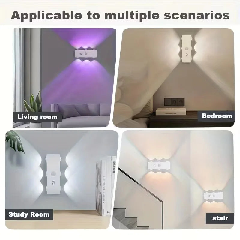 Multiple scenarios showing a smart motion-sensor LED wall light illuminating living room, bedroom, study room, and stair.