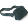 A dark green adjustable nylon waist pack with a zippered phone pocket and strap.