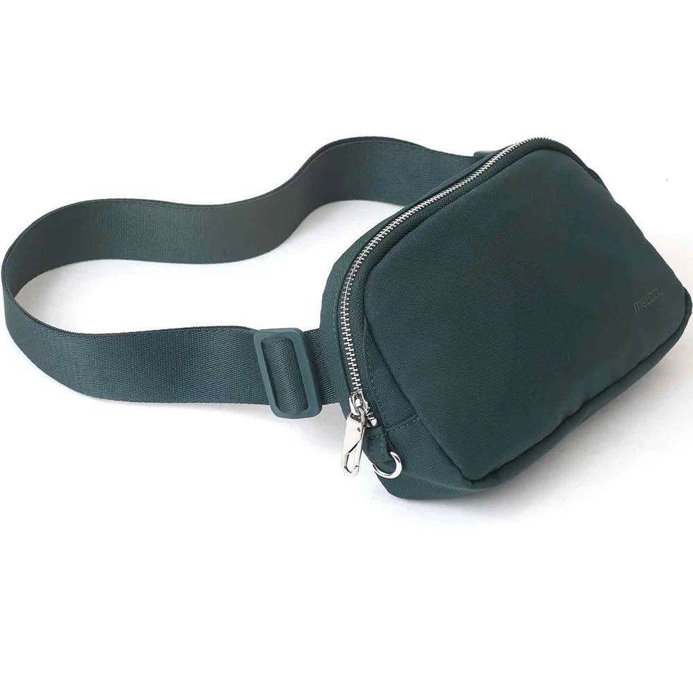 A dark green adjustable nylon waist pack with a zippered phone pocket and strap.