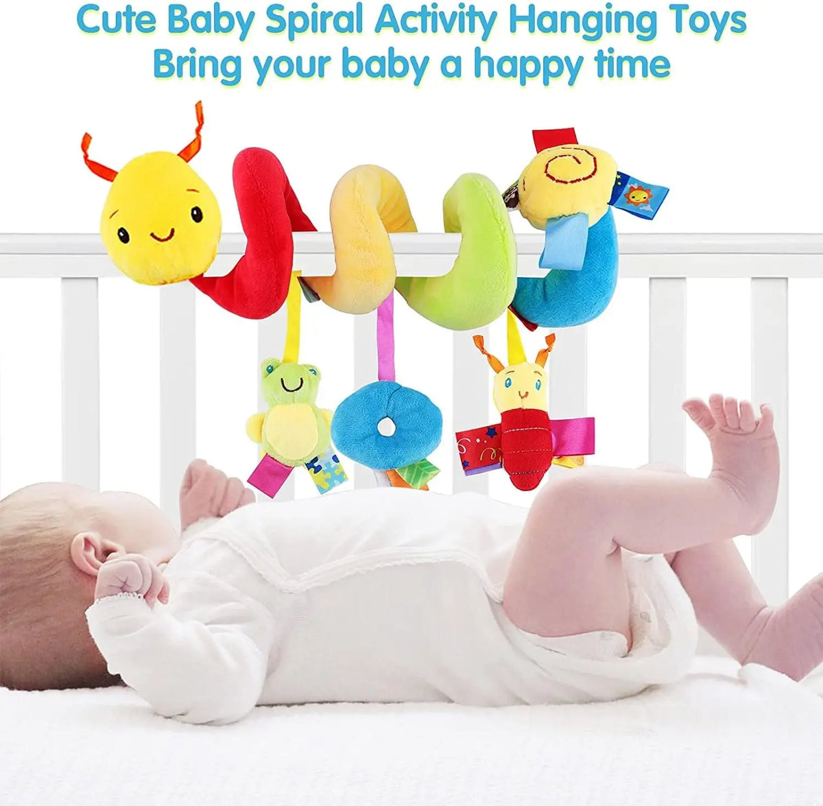 Colorful plush spiral activity toys hanging from a crib, designed for baby's entertainment.