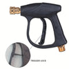 Black high pressure washer gun with a trigger lock and brass nozzle connector.
