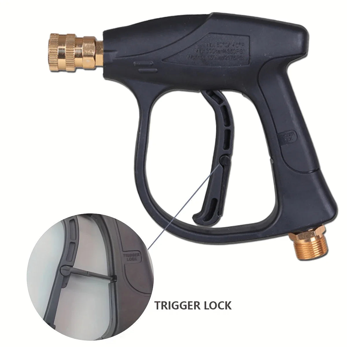 Black high pressure washer gun with a trigger lock and brass nozzle connector.