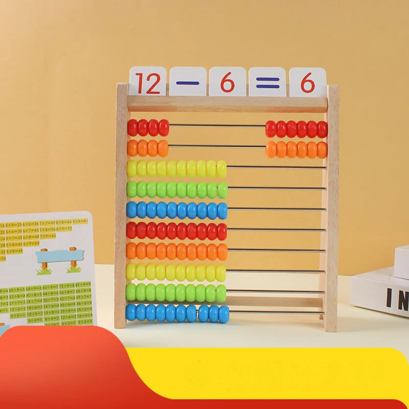 A wooden rainbow counting abacus with colored beads and a calculation display.