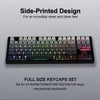 A close-up view of a black mechanical keyboard featuring a side-printed keycap set with gradient colors.