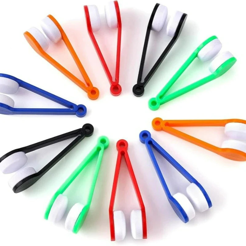 A set of microfiber glasses cleaning tools in various colors arranged in a circular pattern.