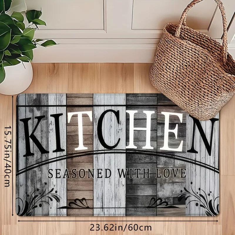 A rectangular kitchen mat featuring a distressed wood grain design with the text Kitchen seasoned with love