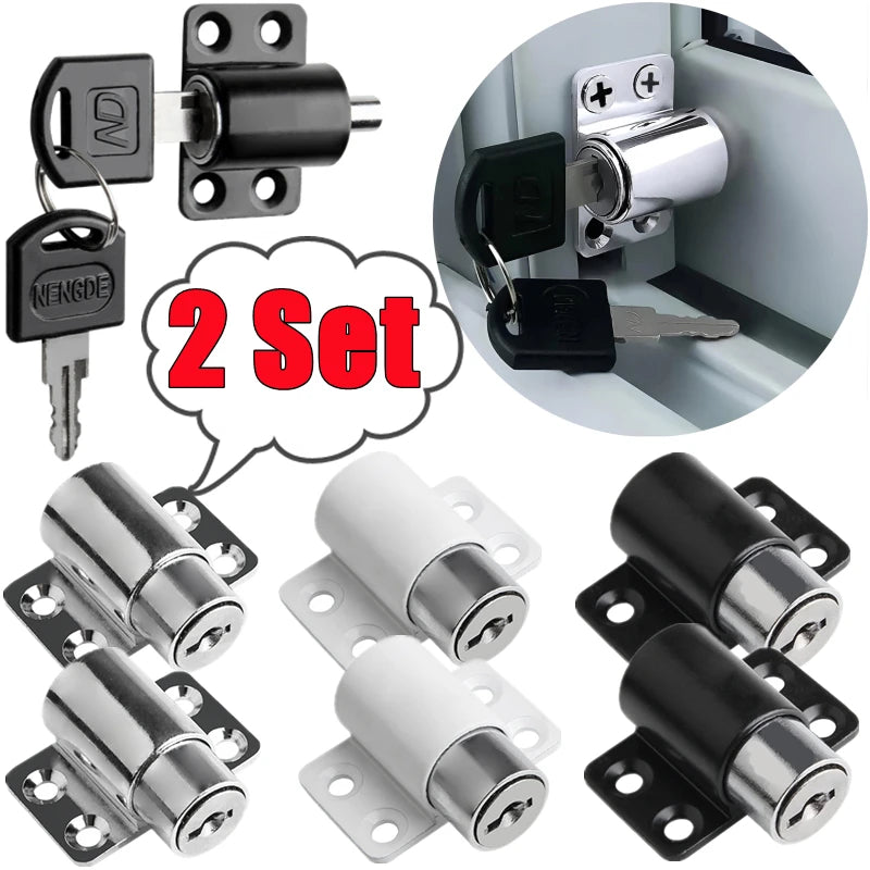 A set of sliding door window locks with two keys shown in various finishes and mounting hardware.