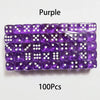 A rectangular pack of 100 purple acrylic D6 dice for games and crafts.