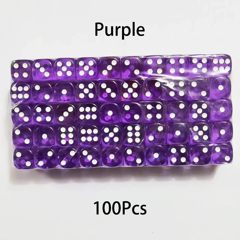 A rectangular pack of 100 purple acrylic D6 dice for games and crafts.