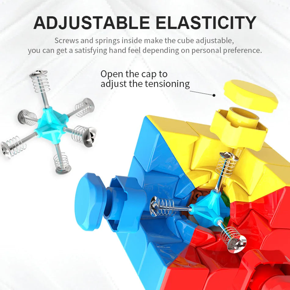 A blue and yellow cube is shown with an adjustable mechanism for tensioning the cube.